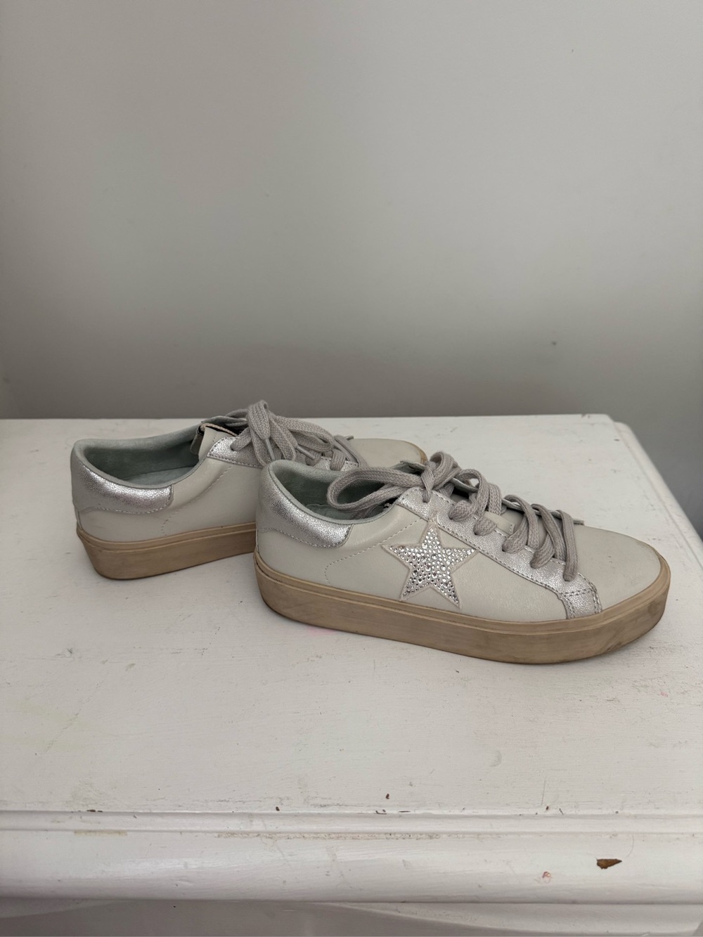 ShuShop White Leather Sneakers with Silver Star Detail